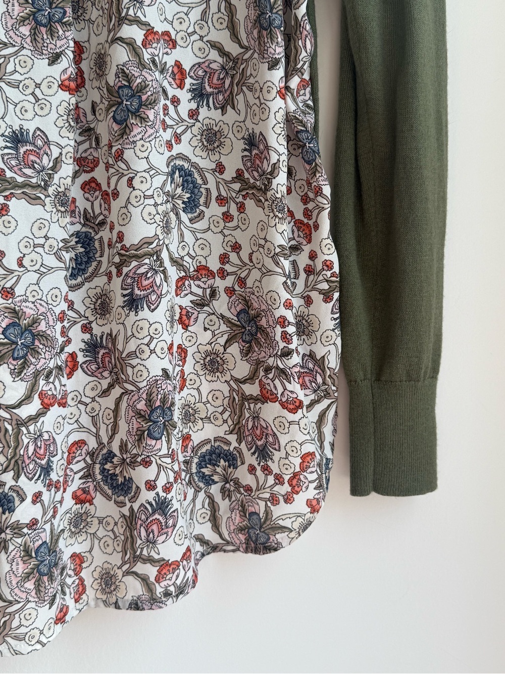 LOFT Olive Green Crewneck Sweater with Floral Layered Hem - Picture 13 of 13